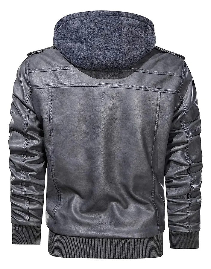 Men’s Grey Leather Jacket with Removable Hood – Stylish & Versatile