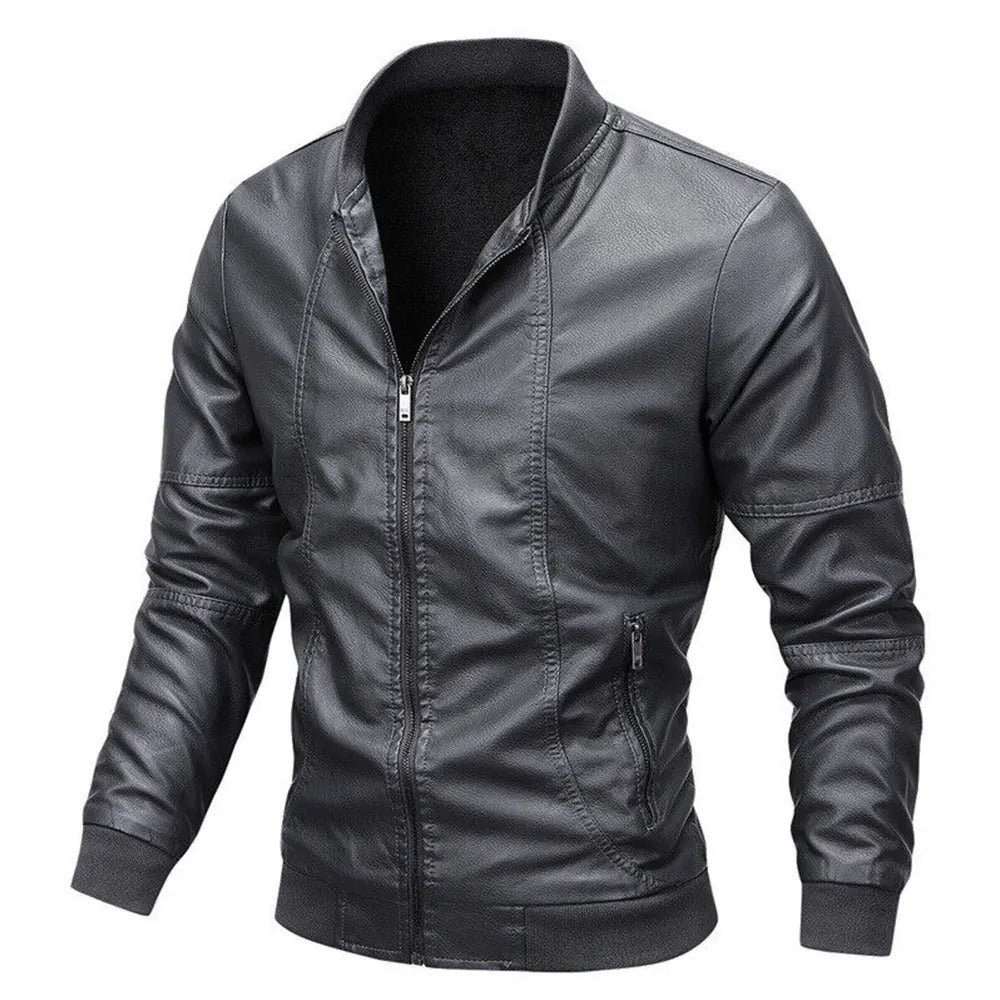 Men’s Grey Leather Motorcycle Bomber Jacket