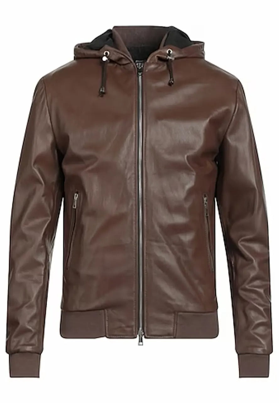 Men’s Brown Leather Bomber Jacket with Hooded Collar – Stylish & Warm