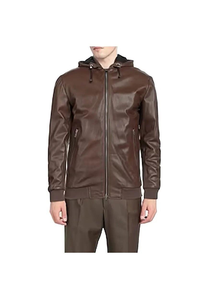 Men’s Brown Leather Bomber Jacket with Hooded Collar – Stylish & Warm