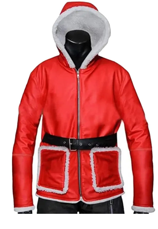 Men’s Red Leather Shearling Jacket with Hood – Stylish & Warm