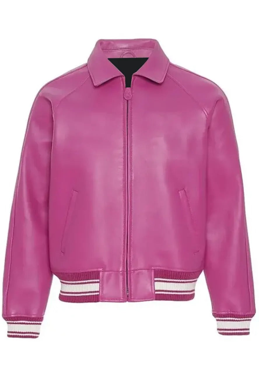 Men’s Iconic Pink Leather Bomber Jacket – Bold & Stylish