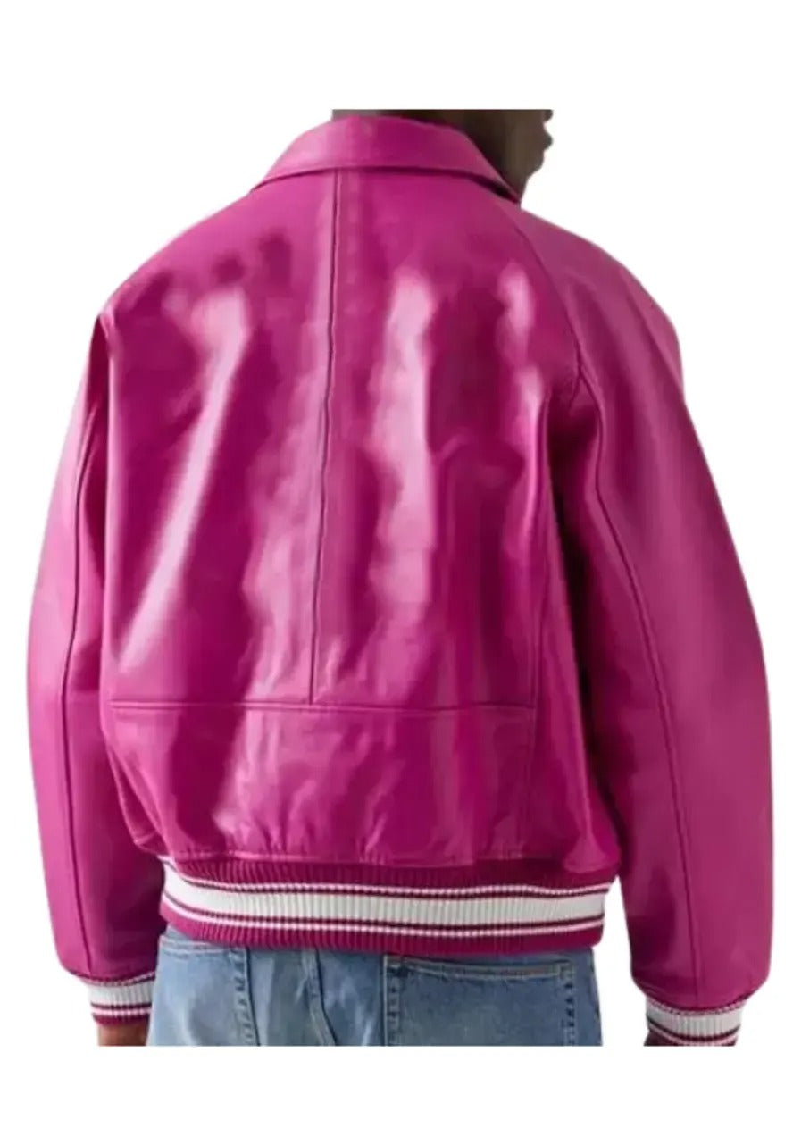 Men’s Iconic Pink Leather Bomber Jacket – Bold & Stylish