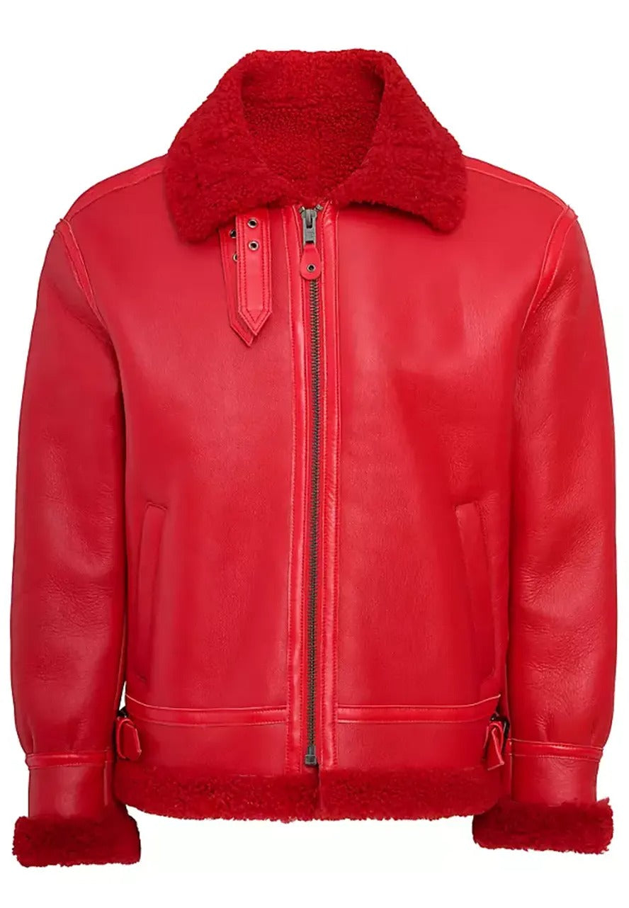 Men’s Iconic Red Leather Shearling Jacket – Warm & Stylish