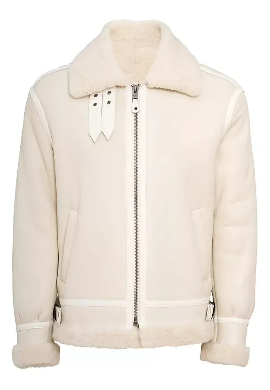 Men’s Iconic White Leather Shearling Jacket – Stylish & Warm