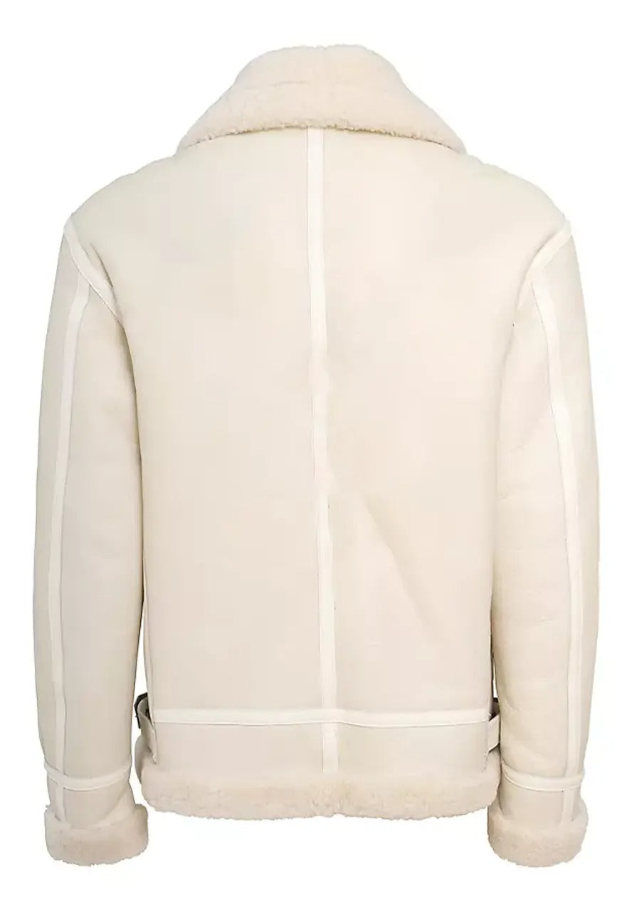 Men’s Iconic White Leather Shearling Jacket – Stylish & Warm