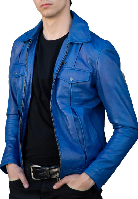 Men’s Iconic Blue Leather Jacket – Timeless & Bold