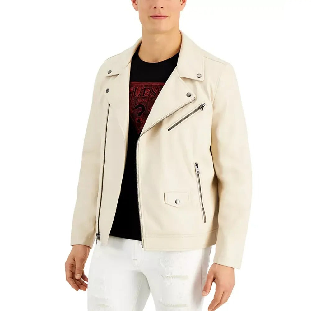 Men’s Lapel Collar Beige Leather Motorcycle Jacket