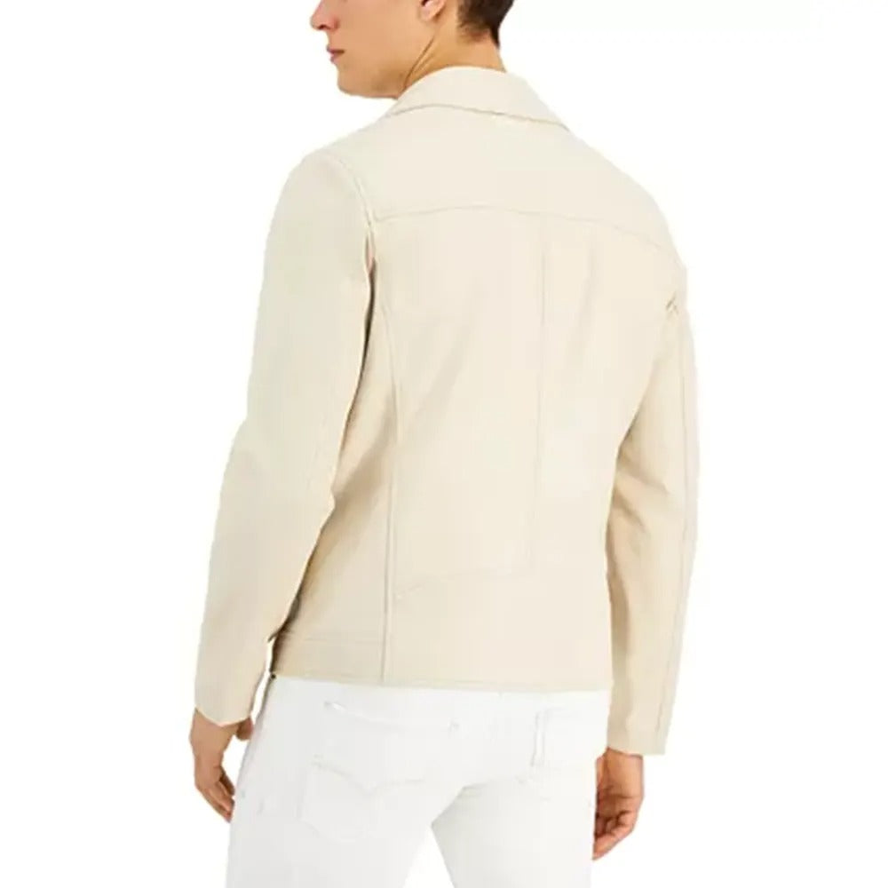 Men’s Lapel Collar Beige Leather Motorcycle Jacket