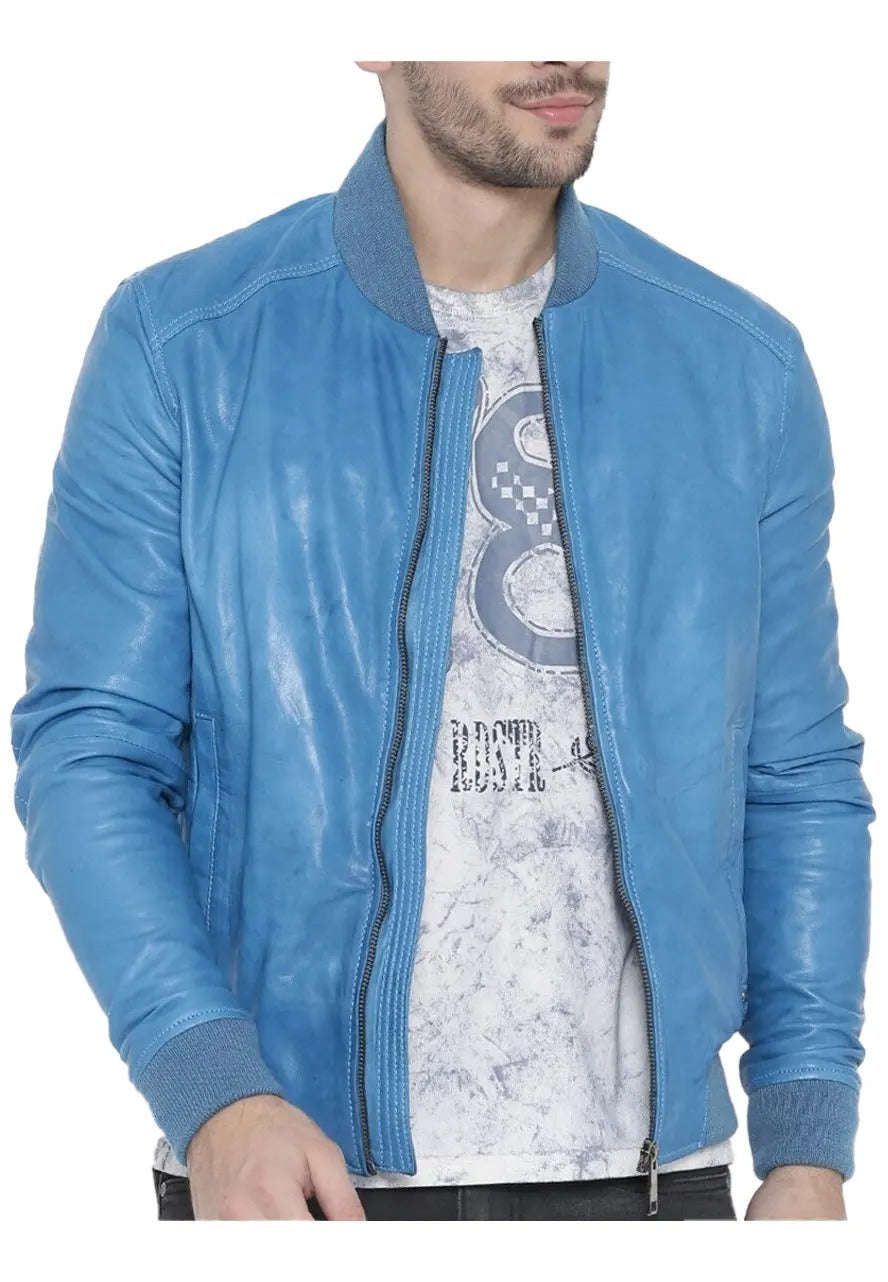 Men’s Light Blue Leather Bomber Jacket