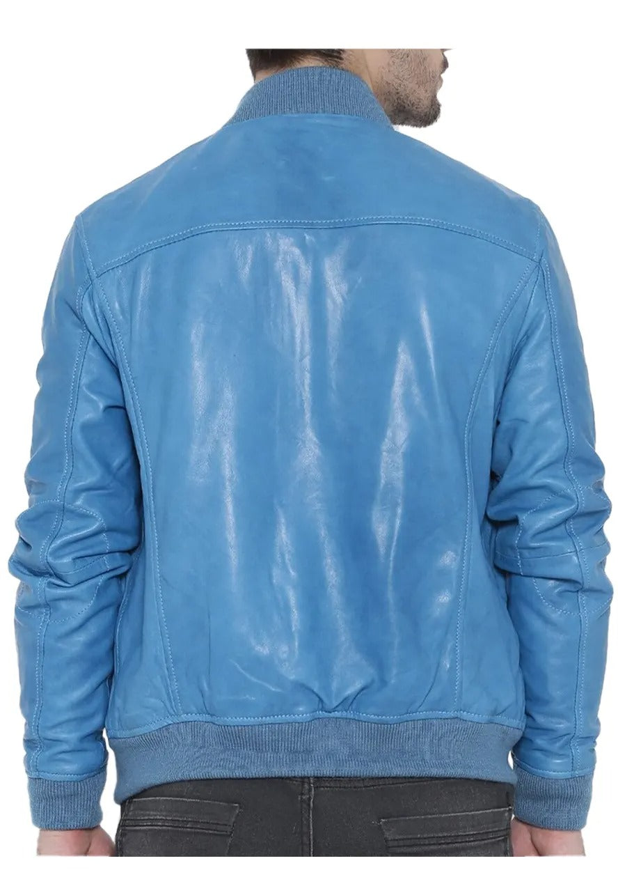 Men’s Light Blue Leather Bomber Jacket