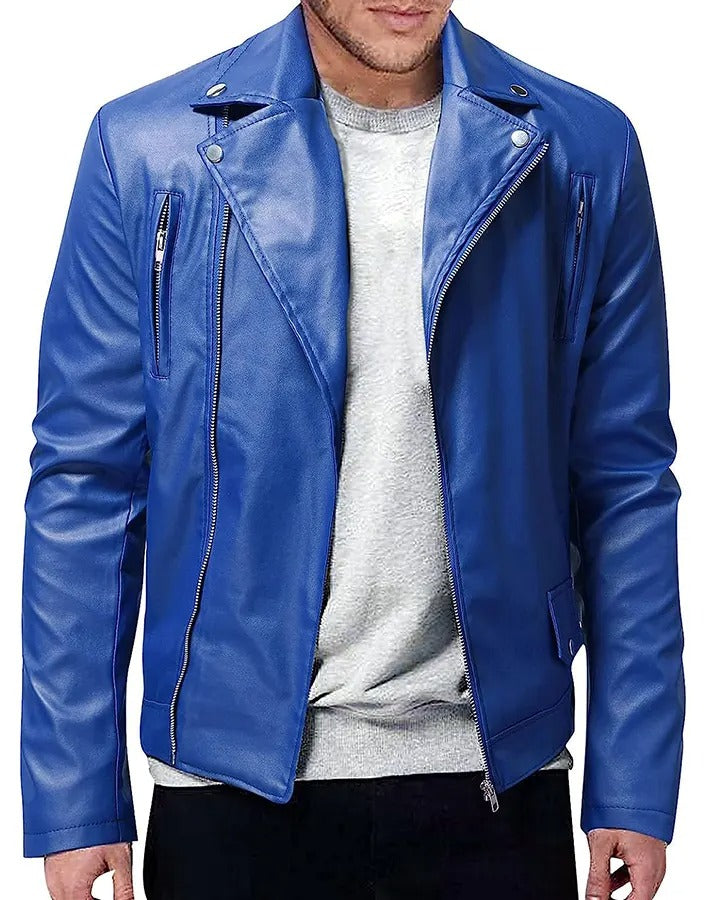 Men’s Long Sleeve Blue Leather Jacket – Sleek & Stylish