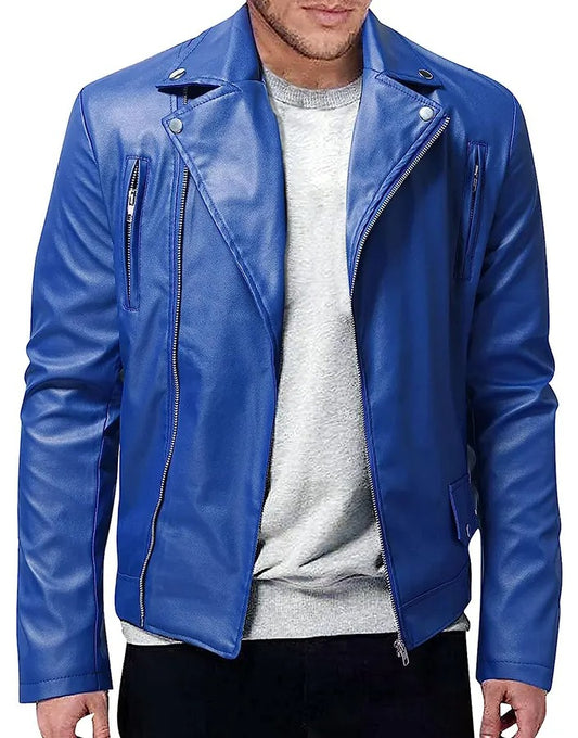 Men’s Long Sleeve Blue Leather Jacket – Sleek & Stylish