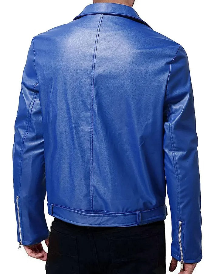 Men’s Long Sleeve Blue Leather Jacket – Sleek & Stylish