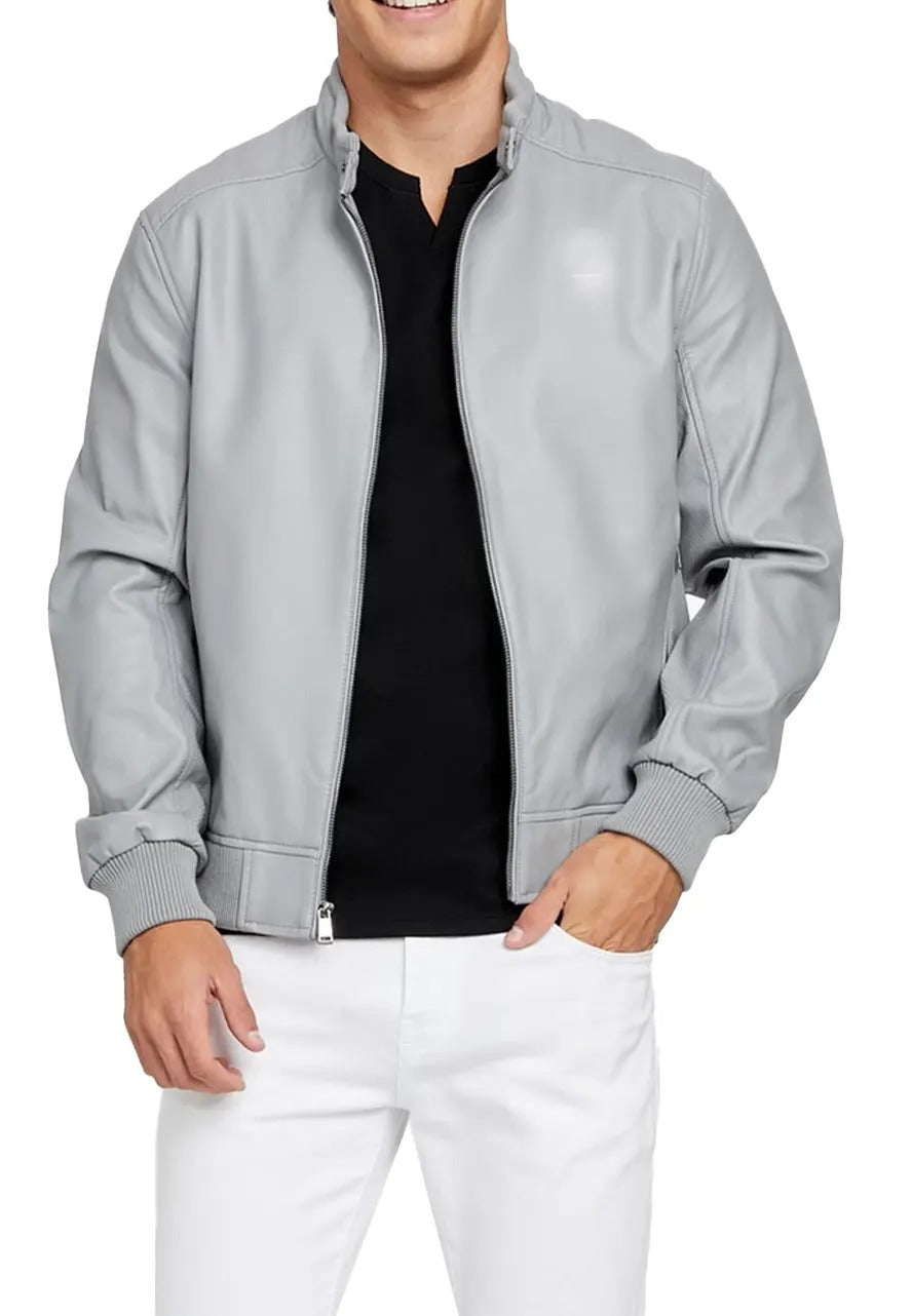 Men’s Lunar Grey Farron Leather Bomber Jacket – Sleek & Modern