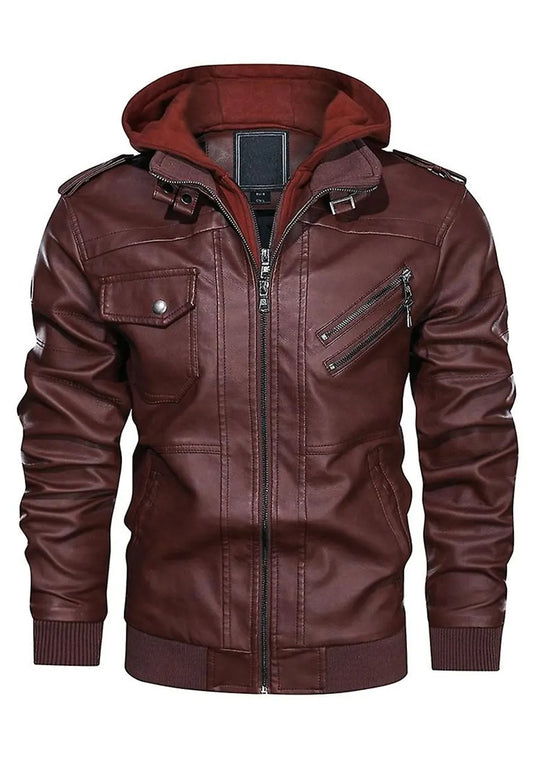 Men’s Maroon Leather Hooded Bomber Jacket