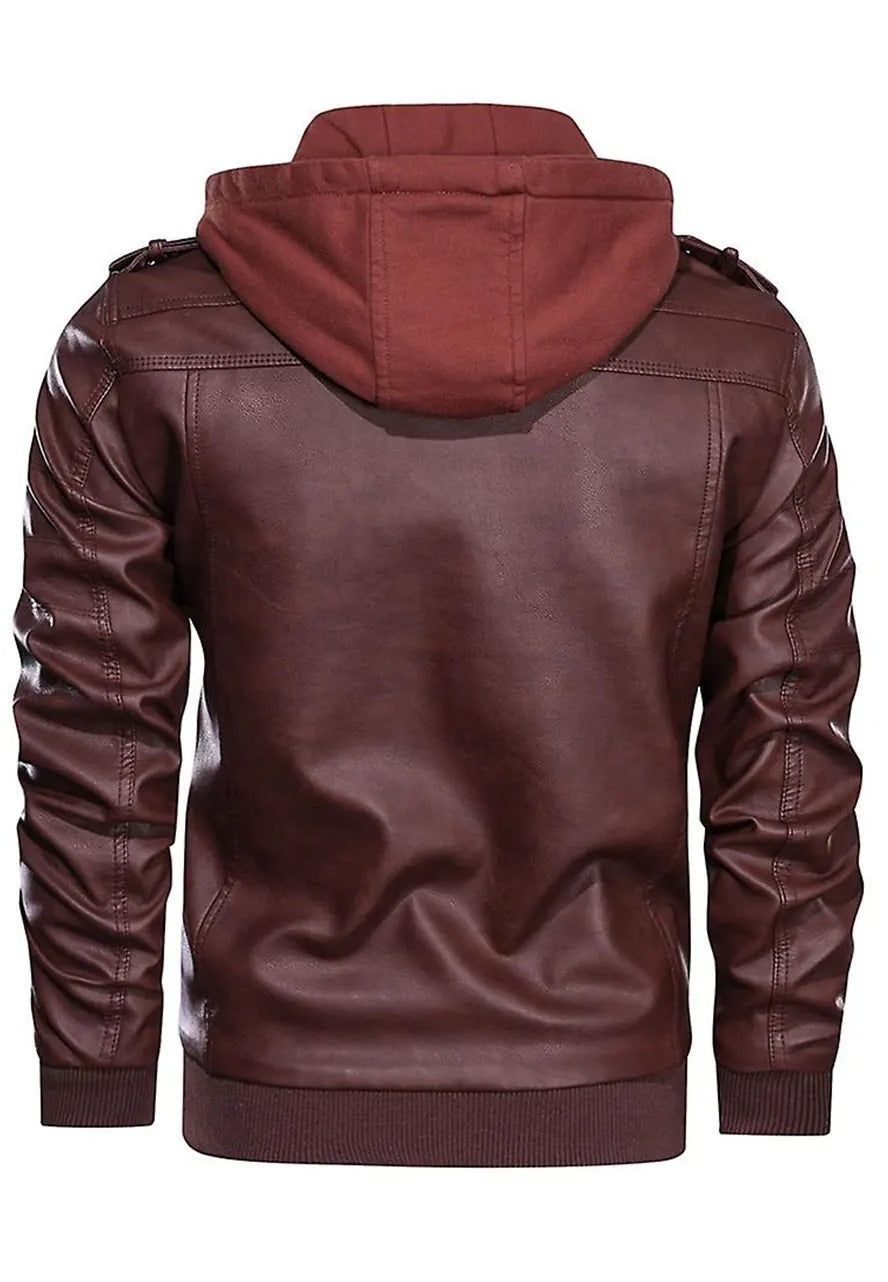 Men’s Maroon Leather Hooded Bomber Jacket