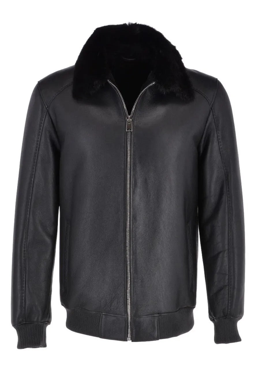 Men’s Black Leather Bomber Jacket with Mink Fur Collar – Luxe & Warm