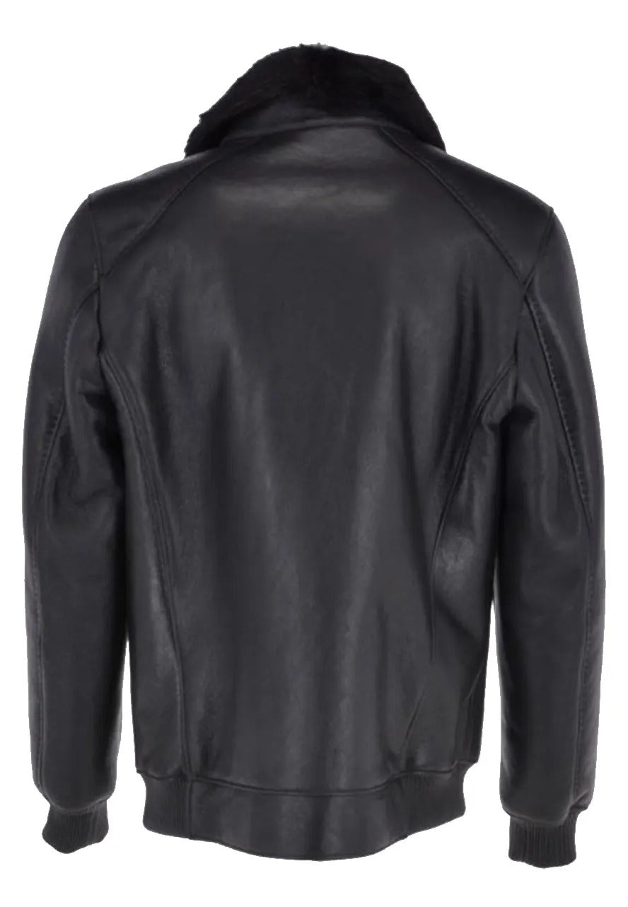 Men’s Black Leather Bomber Jacket with Mink Fur Collar – Luxe & Warm