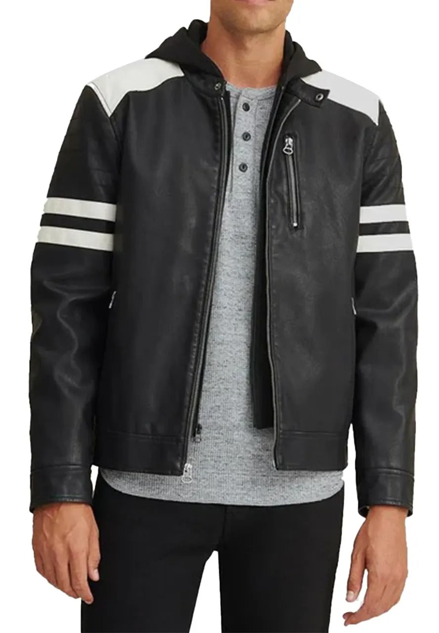 Men’s Moto Black Leather Hooded Jacket – Rugged & Stylish