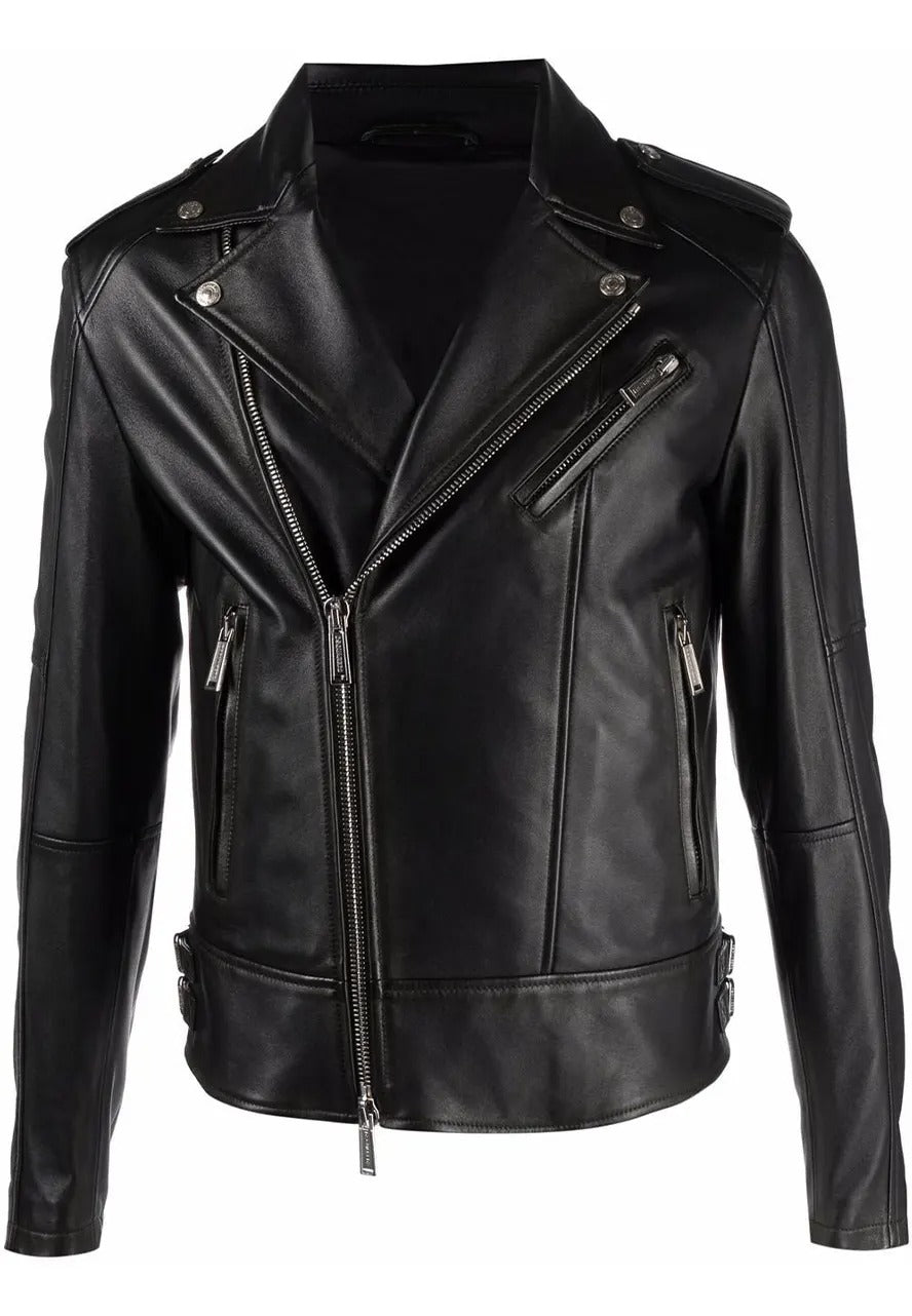 Men’s Multiple Zip Black Leather Biker Jacket – Edgy & Functional