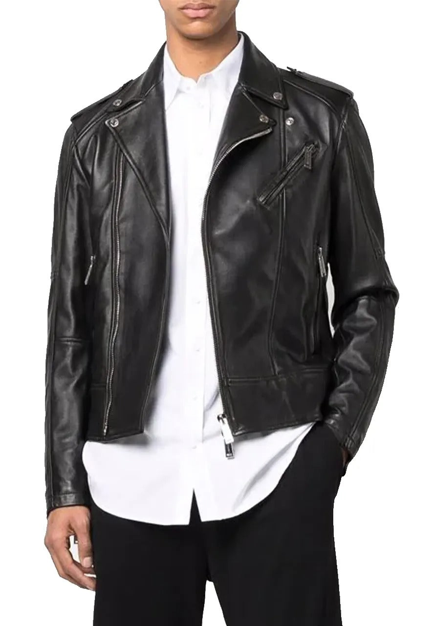 Men’s Multiple Zip Black Leather Biker Jacket – Edgy & Functional