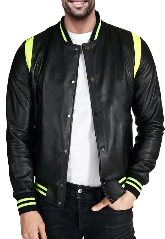 Men’s Neon and Black Leather Bomber Jacket – Bold & Trendy