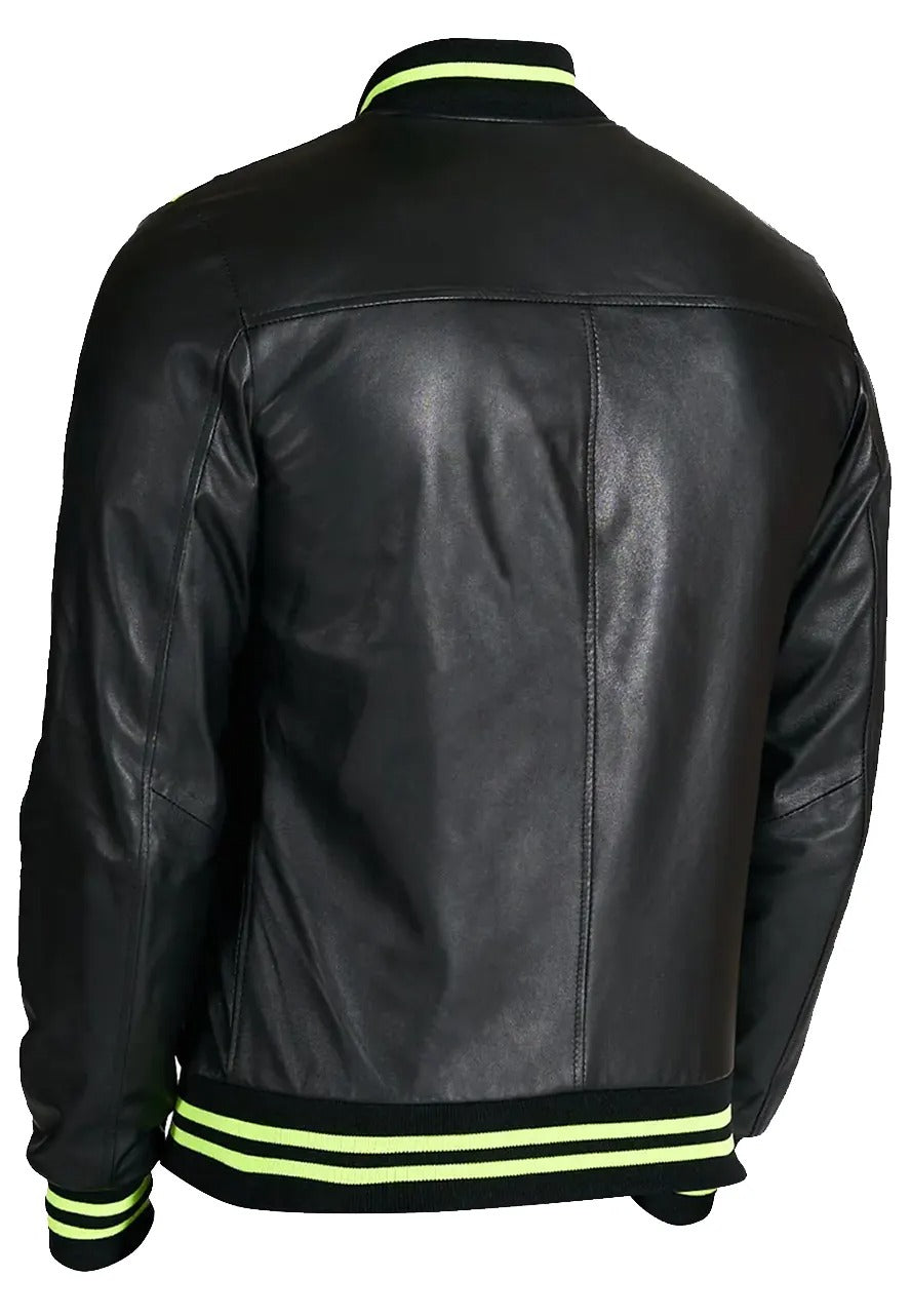 Men’s Neon and Black Leather Bomber Jacket – Bold & Trendy