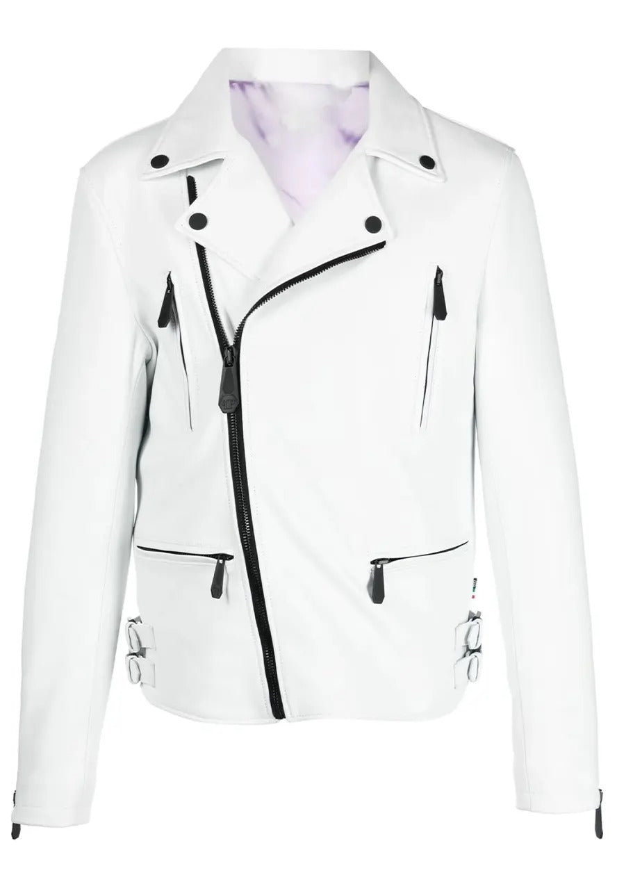 Men’s White Leather Biker Jacket with Notched Collar 
