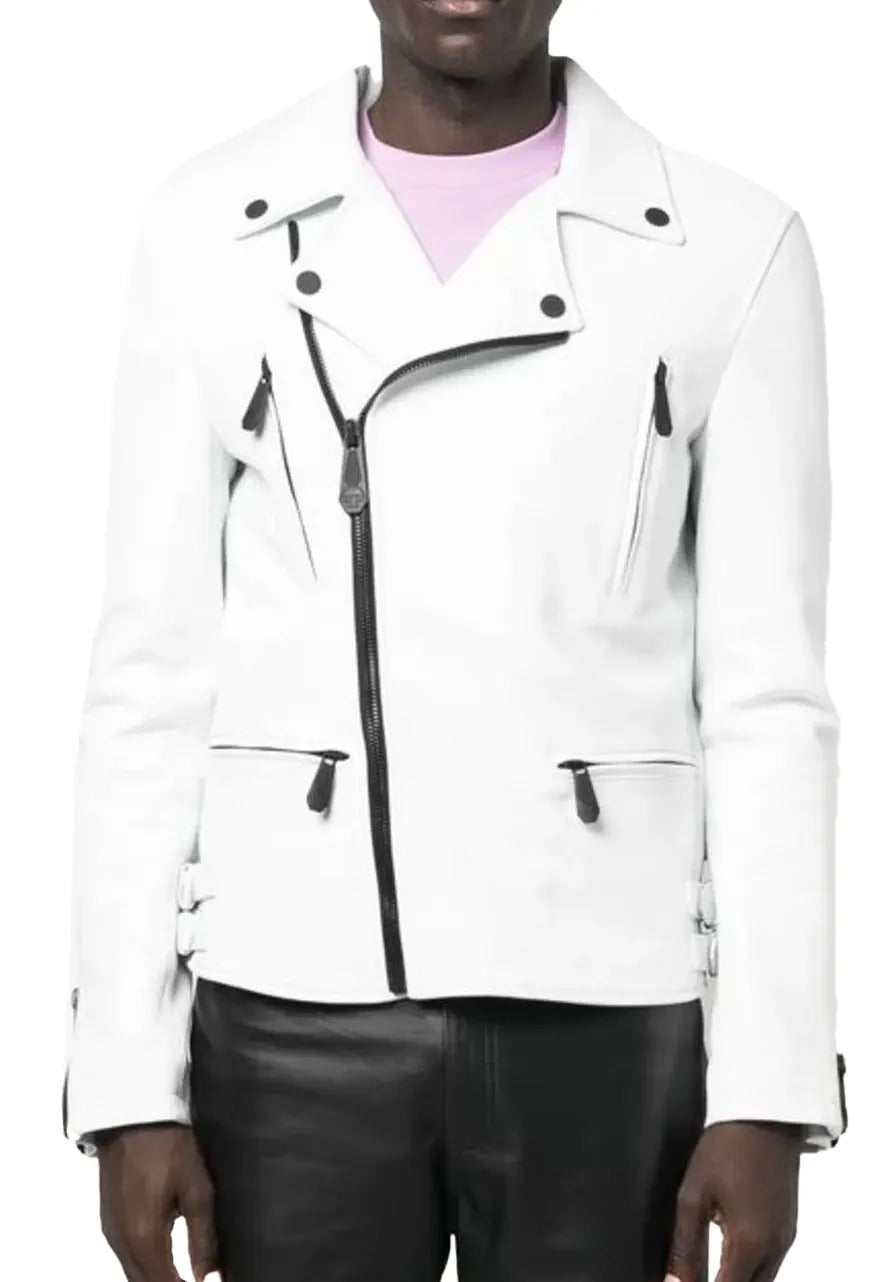 Men’s White Leather Biker Jacket with Notched Collar