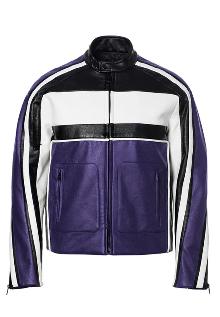 Men’s Purple Leather Biker Racing Jacket – Bold & Sporty