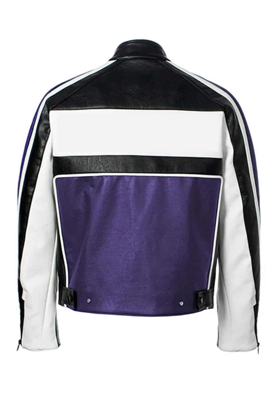 Men’s Purple Leather Biker Racing Jacket – Bold & Sporty