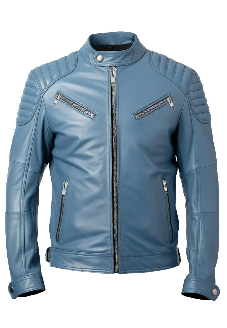 Men’s Blue Leather Jacket with Quilted Shoulders – Stylish & Durable