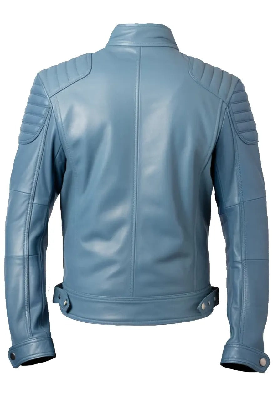 Men’s Blue Leather Jacket with Quilted Shoulders – Stylish & Durable