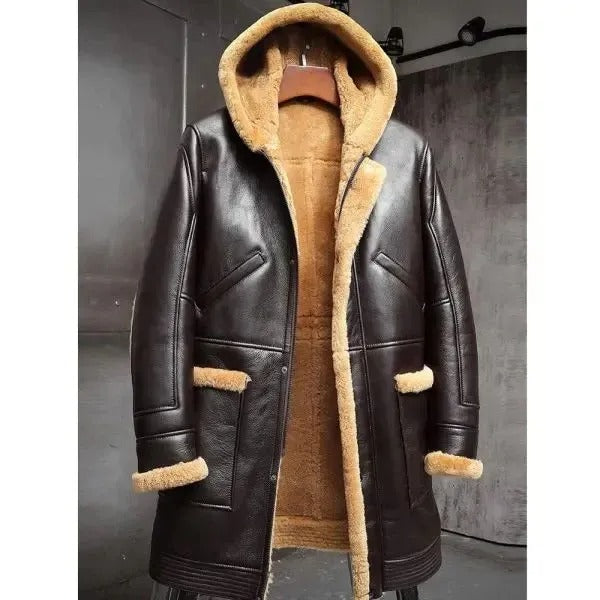 Mens RAF Hooded Shearling Fur Sheepskin Leather Long Jacket Winter Coat