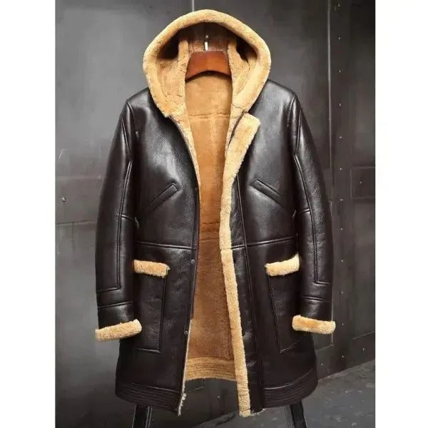Men's RAF Hooded Shearling Fur Sheepskin Leather Long Jacket Winter Coat
