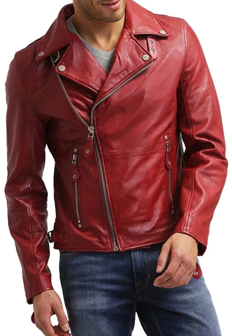 Men’s Red Slim Fit Leather Biker Jacket