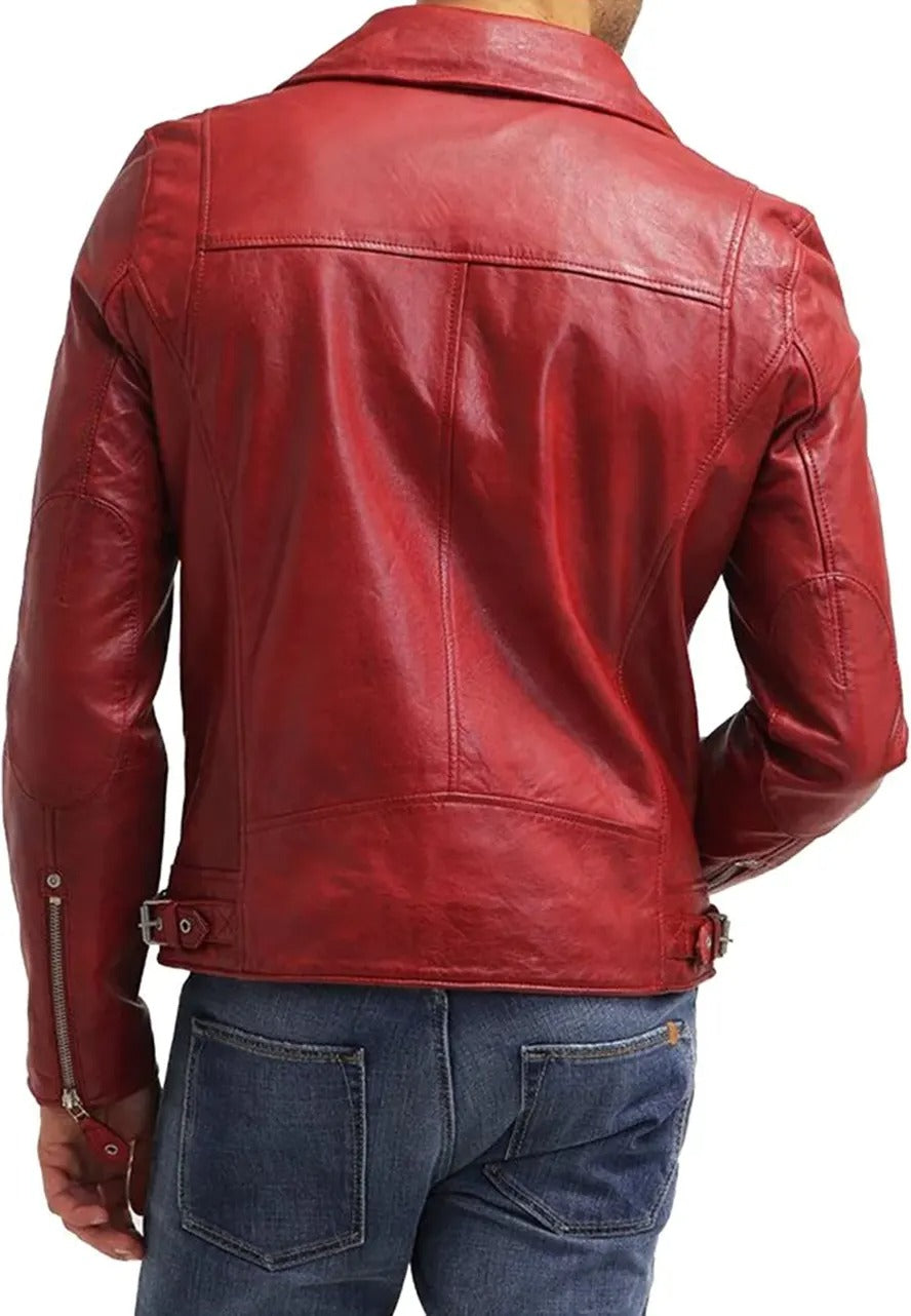 Men’s Red Slim Fit Leather Biker Jacket