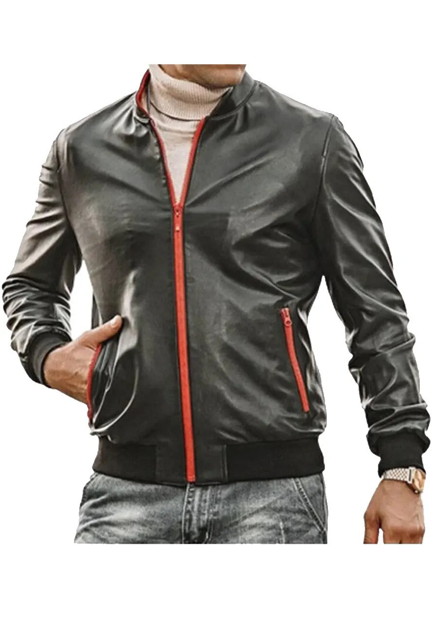 Men’s Red & Black Leather Bomber Jacket – Zip-Up Stylish Outerwear