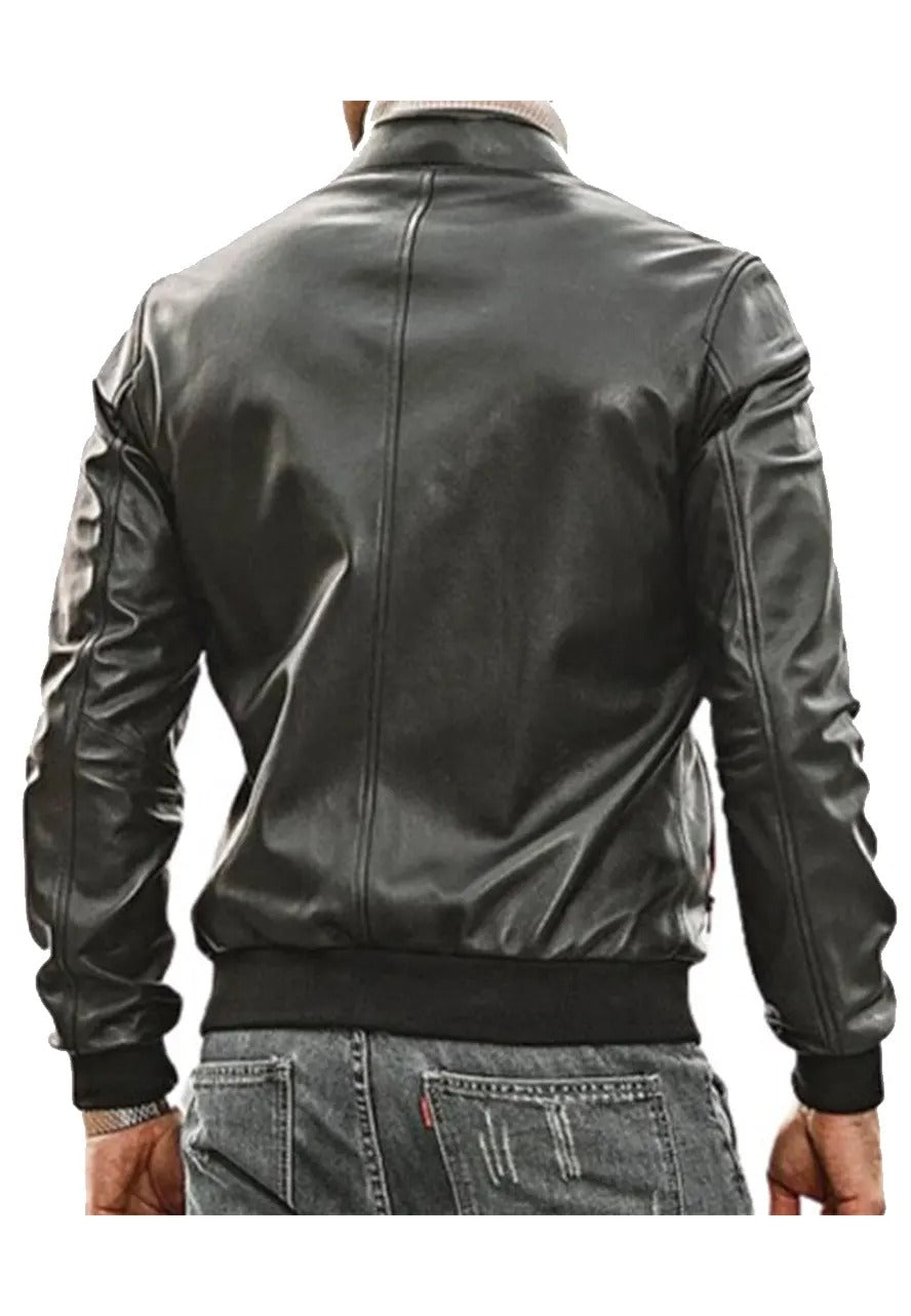 Men’s Red & Black Leather Bomber Jacket – Zip-Up Stylish Outerwear