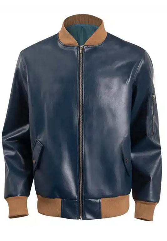 Men’s Rich Blue Leather Bomber Jacket – Sleek & Modern