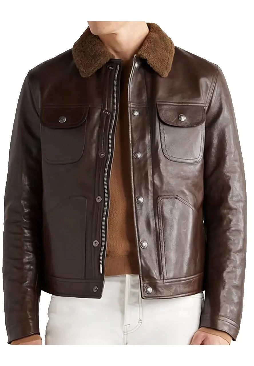 Men’s Brown Leather Down Jacket with Shearling Collar – Warm & Stylish