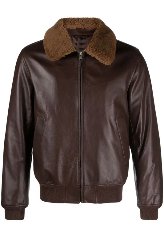 Men’s Brown Leather Bomber Jacket with Shearling Collar