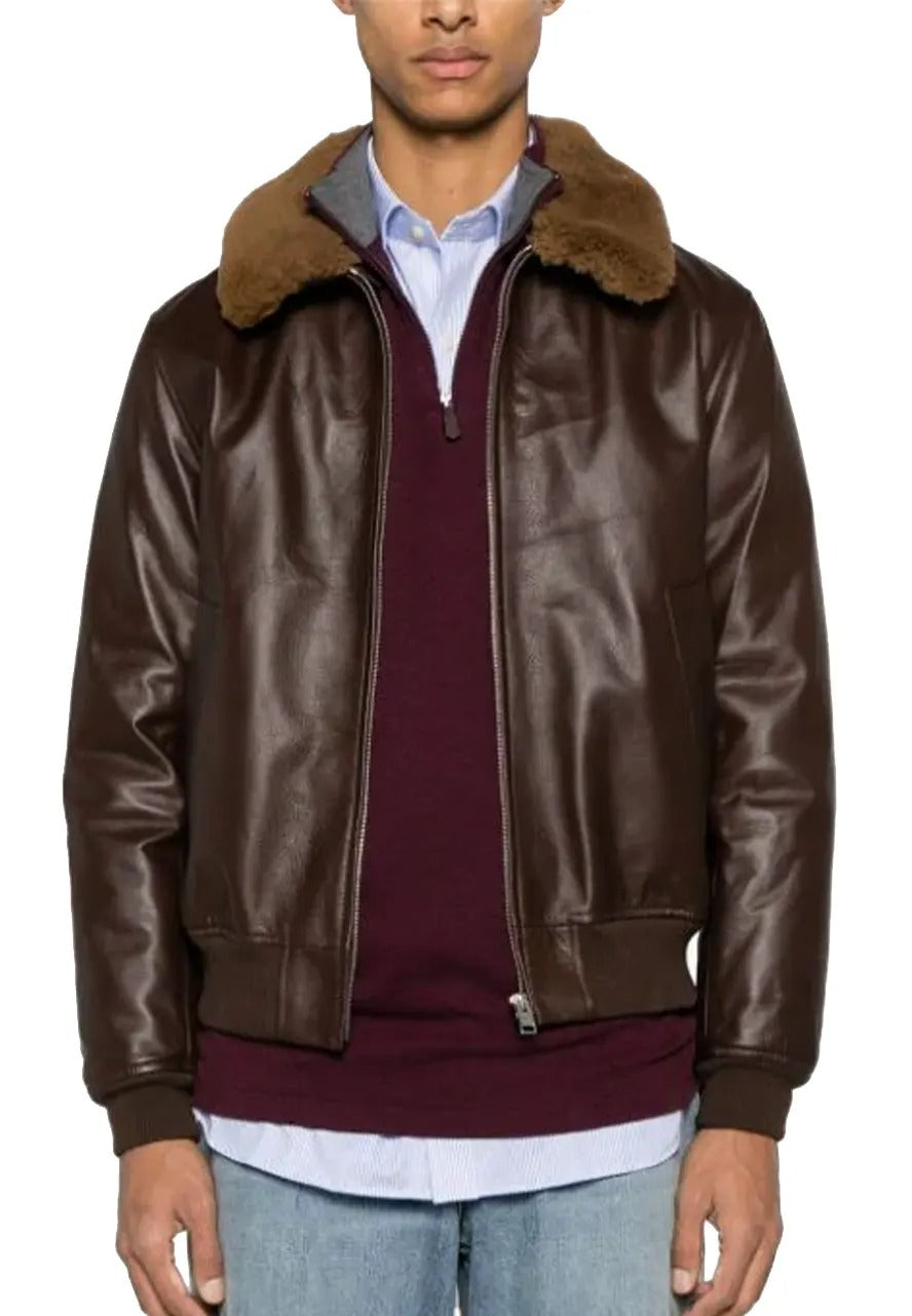 Men’s Brown Leather Bomber Jacket with Shearling Collar