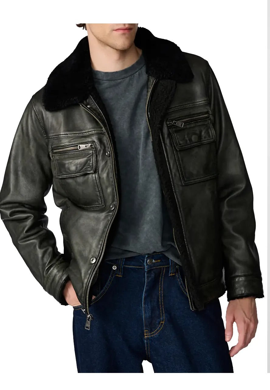 Men’s Grey Shearling Leather Trucker Jacket – Warm & Stylish Winter Outerwear