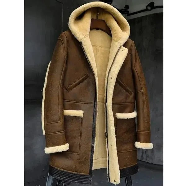 Mens Sheepskin Fur Long Leather Coat with Hood