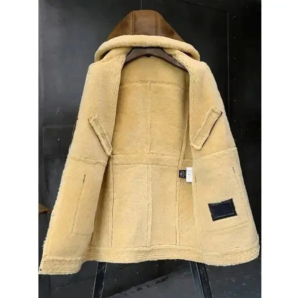 Mens Sheepskin Fur Long Leather Coat with Hood