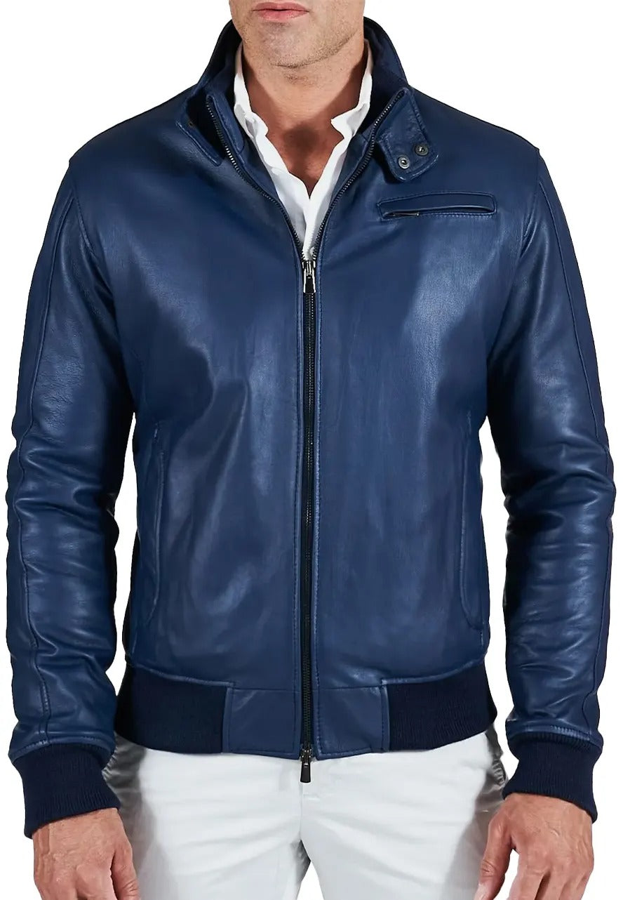 Men’s Shiny Blue Leather Bomber Jacket – Sleek & Trendy