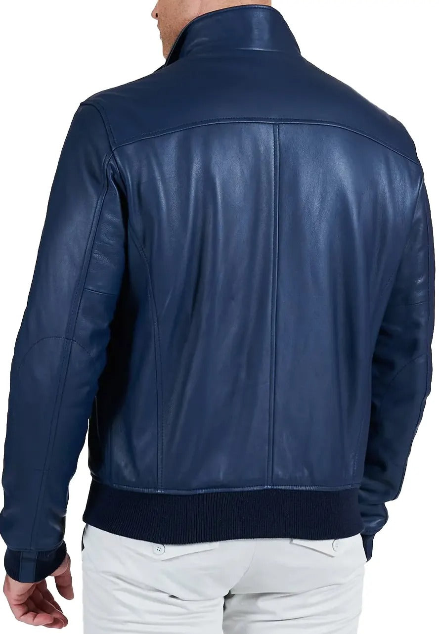 Men’s Shiny Blue Leather Bomber Jacket – Sleek & Trendy