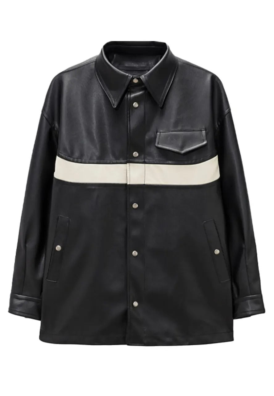 Men’s Shirt Style Black Leather Jacket with White Stripes – Bold & Stylish